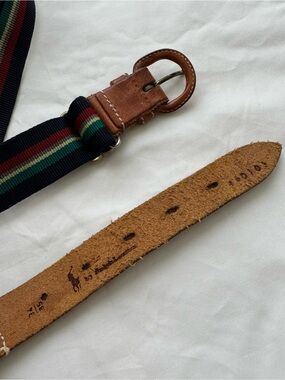 Polo Ralph Lauren Striped Stretch Belt Brown Leather Trim Size 34/85
